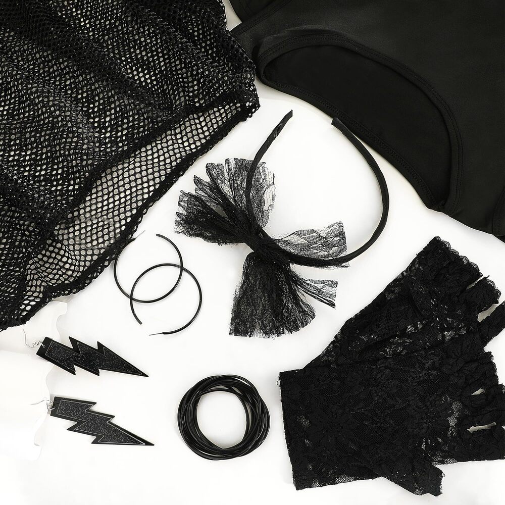 7648 80s Costume Outfit 1980s Headband Fishnet Off Shoulder - Picture 5 of 7